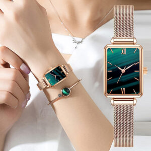 Dámské hodinky Módní čtvercové dámské hodinky Quartz náramek Set Zelený ciferník Jednoduché Rose Gold Mesh luxusní dámské hodinky