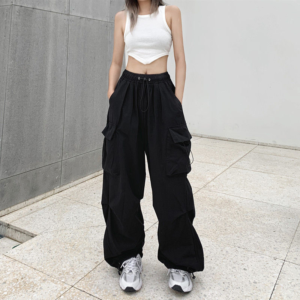 Dámské široké kalhoty Cargo Kalhoty Harajuku Padák se stahovací šňůrkou Streetwear Joggers Tech Kalhoty Dámské hip-hopové kapsy oversize kalhoty