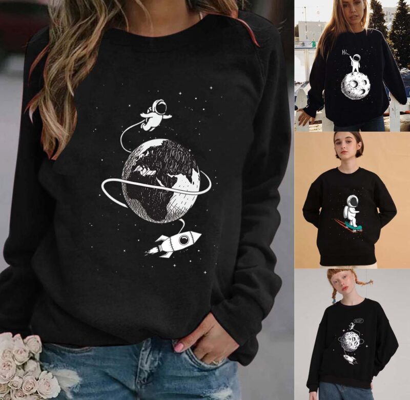 Dámské topy s dlouhým rukávem s výstřihem do O Módní pulovr Roztomilý astronautský potisk Dámská mikina Harajuku s kapucí Neformální trendy pulovry