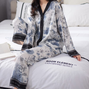 Dámské pyžamo Set Design s výstřihem do V s luxusním potiskem Sleepwear Ledové hedvábí Domácí oblečení Noční prádlo