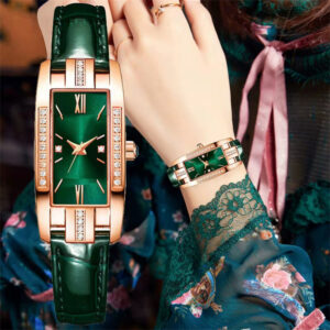 Dámské hodinky Módní čtvercové dámské hodinky Quartz náramek Set Zelený ciferník Jednoduché kožené luxusní dámské hodinky