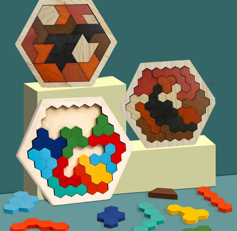Dřevěné šestiúhelníkové puzzle pro děti a dospělé, Blok Tangram Hlavolam Hračka Geometrie Logická IQ hra Montessori vzdělávací dárek