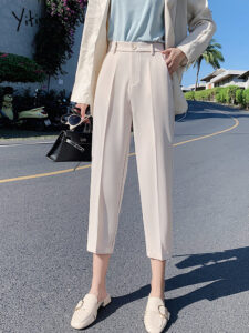 Yitimoky Suit Kalhoty Žena Kalhoty s vysokým pasem Kancelář Lady Harem Kalhoty Ženy Kalhoty Černá Béžová Korejská móda Vysoce kvalitní Capris