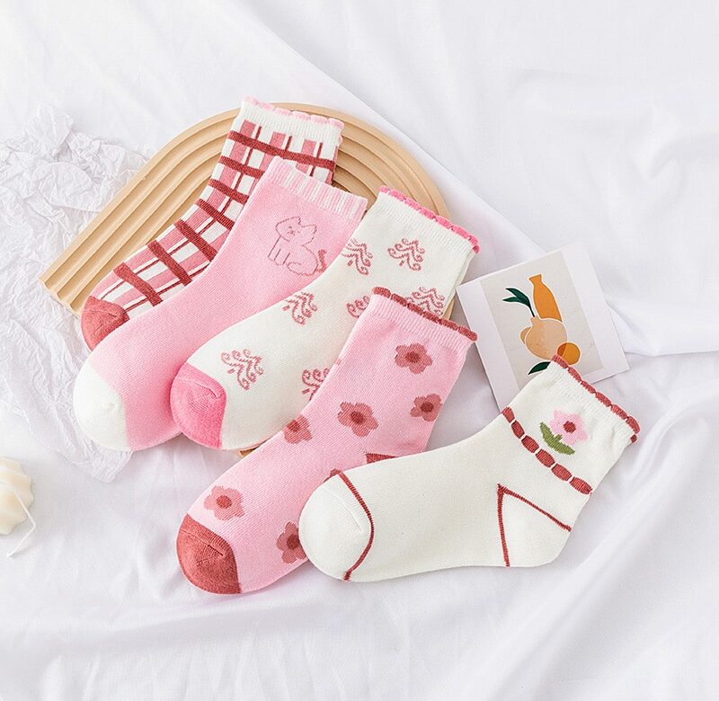 5 párů růžový květ pletené teplé dětské ponožky pro dívky ponožky dětské dámské střední punčochy