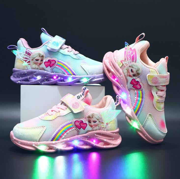 Nové Disney LED ležérní tenisky pro jarní dívky Frozen Elsa Princess Print Outdoorové boty Dětské osvětlené protiskluzové boty